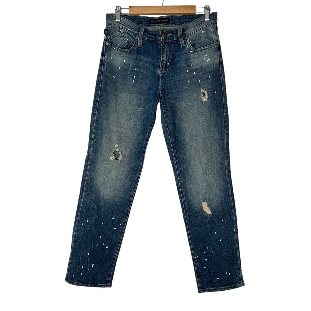 Rock & Republic Jeans Women Size 8 Indee Blue Denim Distressed Stretch‎